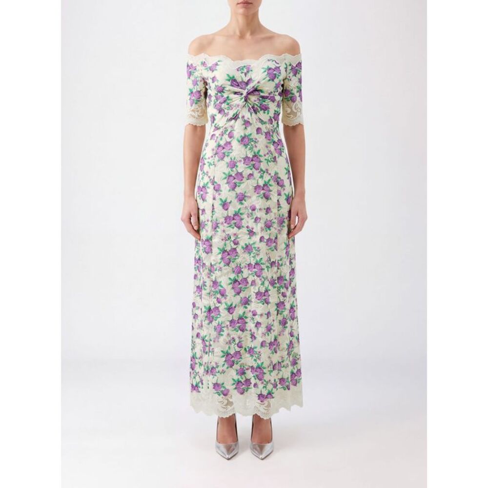 Rabanne Women Rabanne Floral Print Long Dress With Lace Inserts On The Neckline
